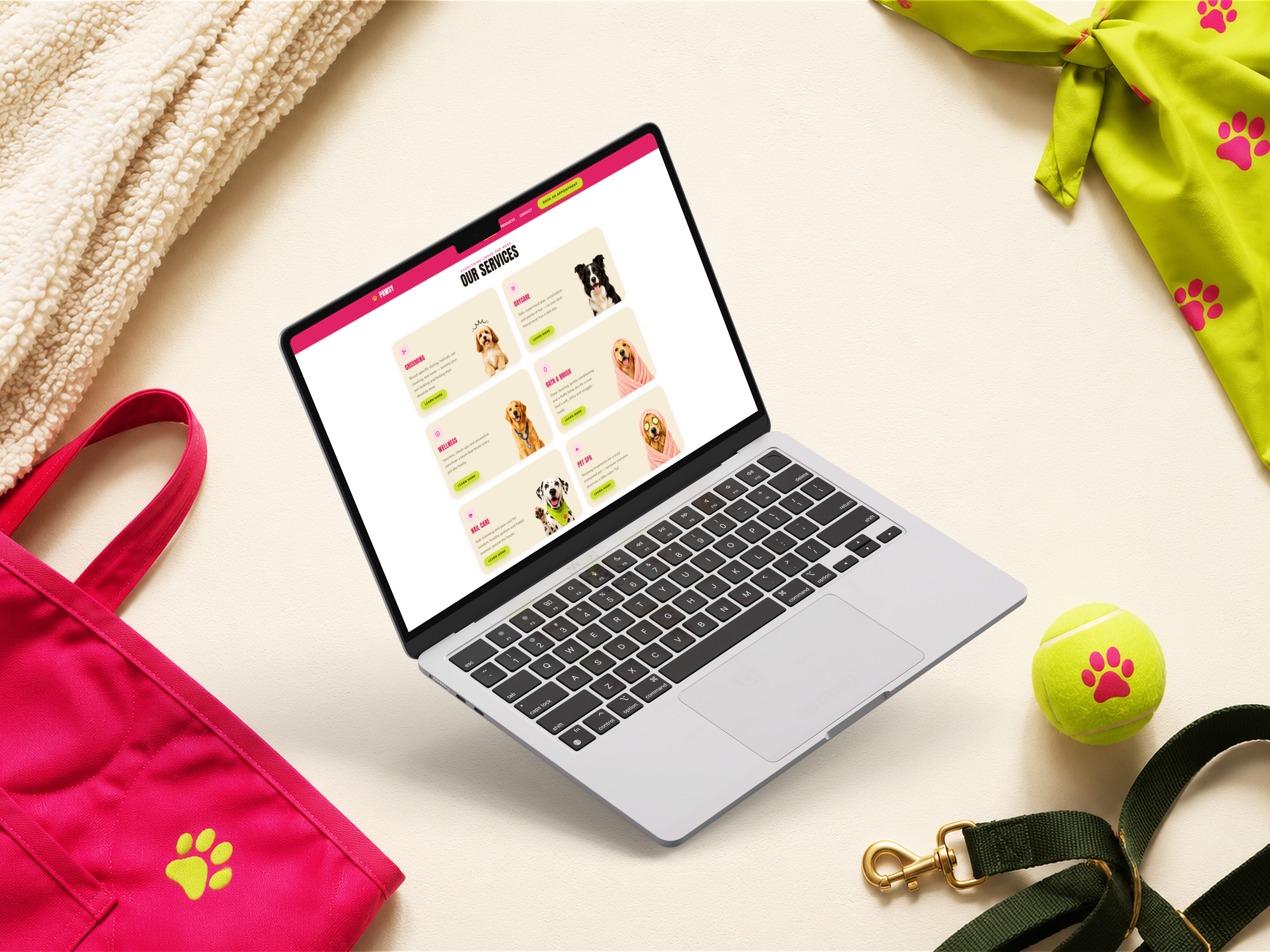Pawsy website - detailed service cards for grooming, daycare, bath & brush and more